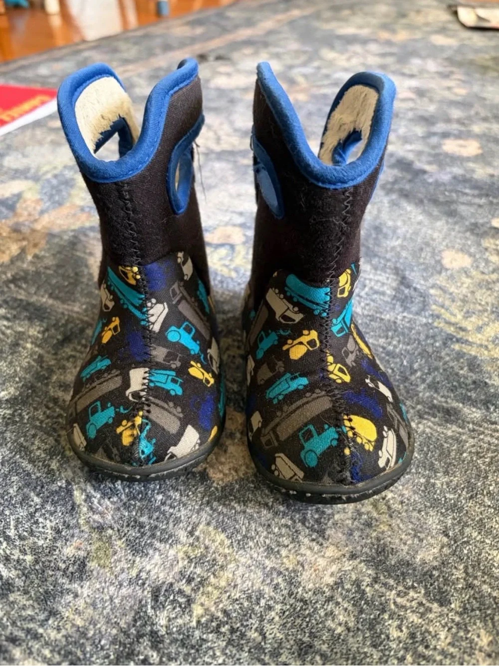 Bogs Kids Black Rain & Snow Boots with Blue and Yellow Construction Print